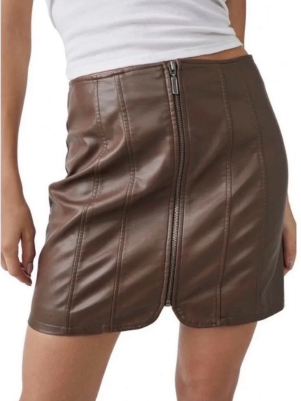 Free People Layla Brownstone Vegan Leather Front-Zip Mini Skirt NWOT